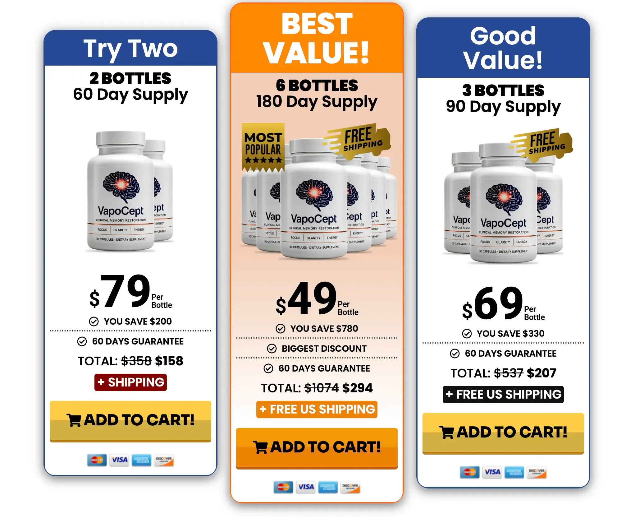 VapoCept 1, 3, and 6-bottle pricing packages with free bonuses and free U.S. shipping